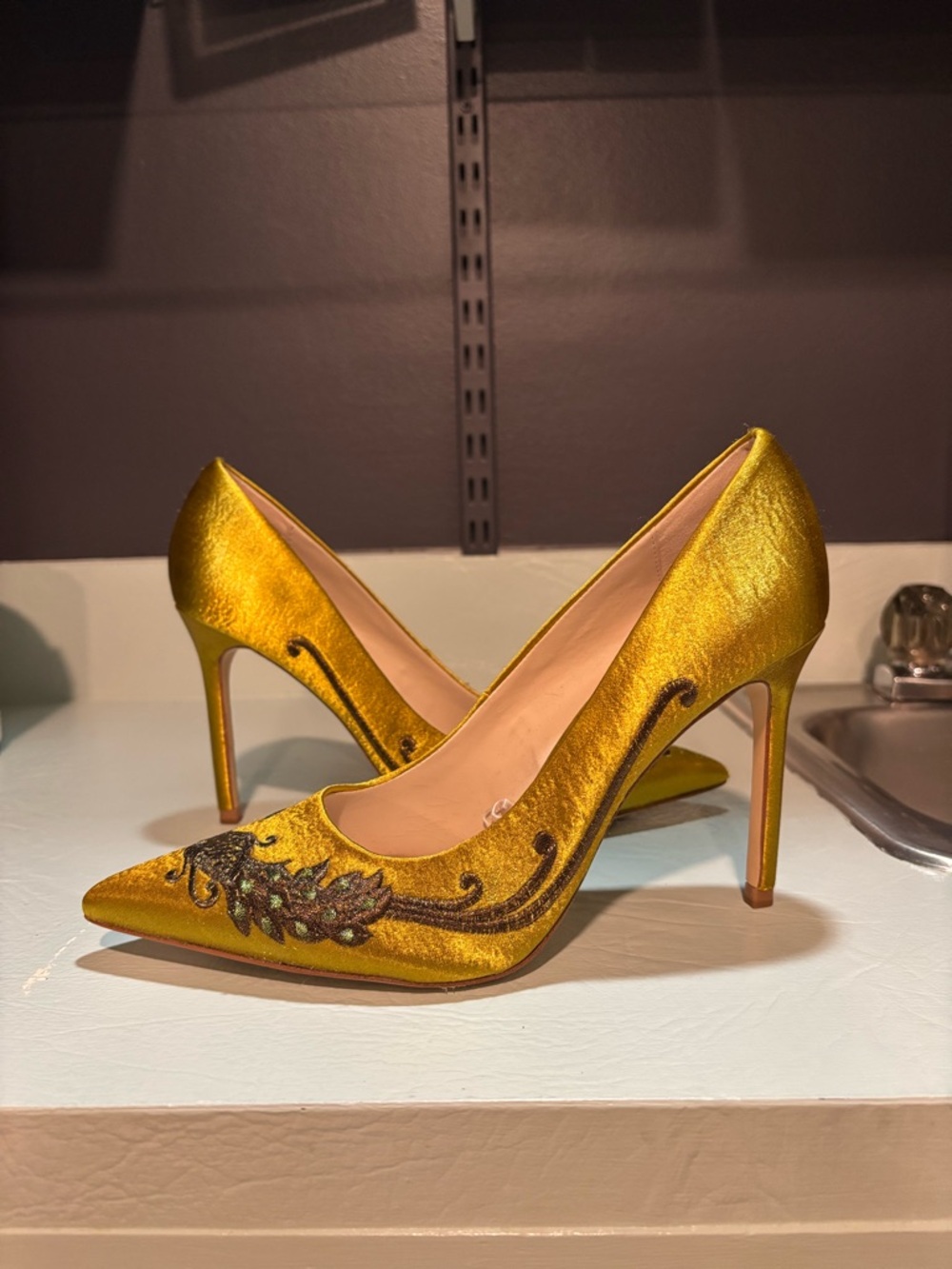 Zara Metallic Gold Embroidered Pointed-Toe Stiletto Pumps